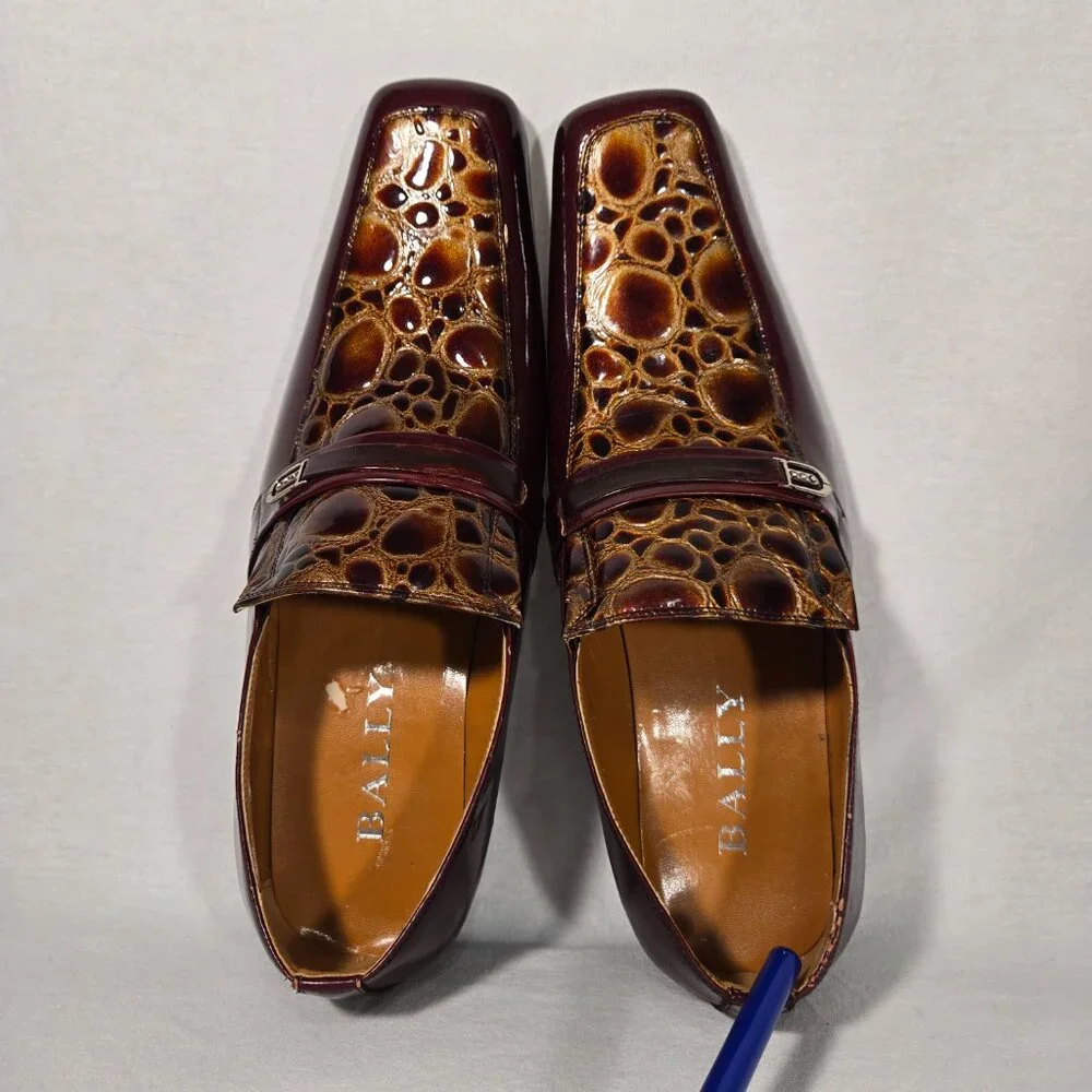 Vintage BALLY Rockabilly Red Wine Patent Leather Brown Crocodile Loafers Size 9B